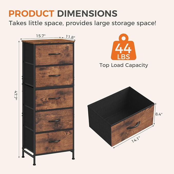DUMOS Nightstand with 5 Fabric Drawers, Skinny Dresser | Night Stand Bedside Table, Removable Bins, Sturdy Steel Frame Wood Top, Storage Tower for Bedroom Closet, Rustic Brown