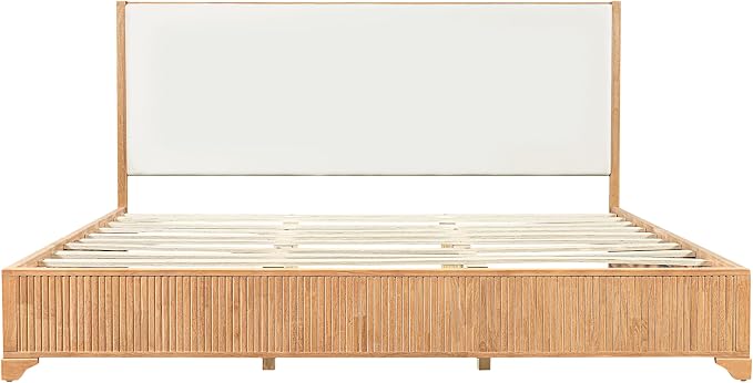 Christopher Knight Home Jill Modern King Bed Frame and Headboard, Bed Frame King with Upholstered Headboard, Wooden King Platform Bed Frame with Slat Supports, No Box Spring Needed, Natural+White