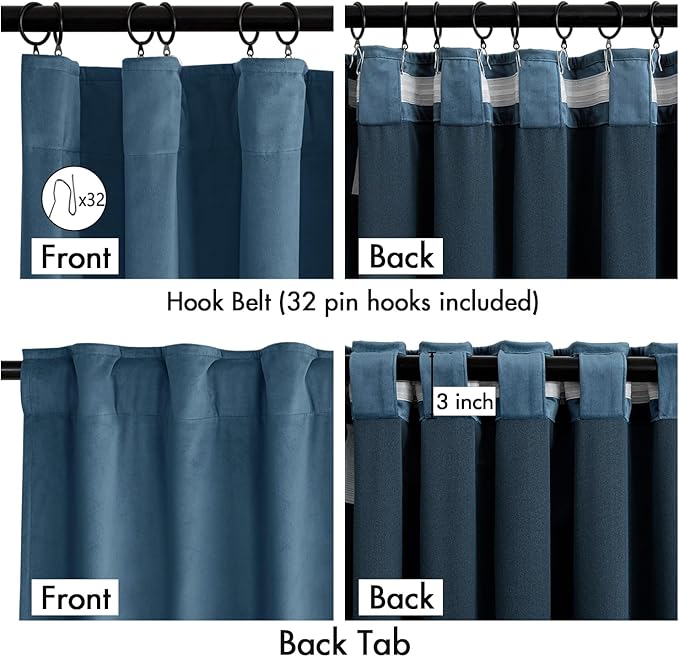 MIULEE Velvet Curtains 50W x 90L 2 Panels Stone Blue Blackout Curtains | Luxury velvet fabric, pinch pleat design, back tab hooks, thermal insulated, blackout light blocking, for living room bedroom