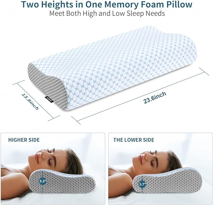 Cervical Pillow for Neck Pain Relief, Contour Memory Foam Pillows for Sleeping, Ergonomic Pillow Cooling Pillow Bed Pillow Neck Support for Side Back Stomach Sleepers (Blue & Grey, Queen Size)