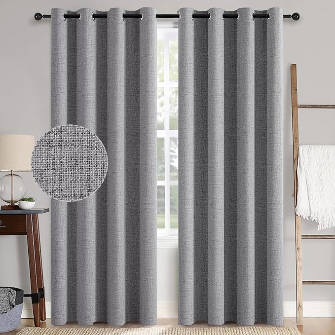 MIULEE 100% Blackout Linen Curtains for Bedroom 52x84 Inches Grey | Room Darkening, Light Blocking, Thermal Insulated, Grommet Top, Linen Textured, Window Curtains for Living Room, 2 Panels