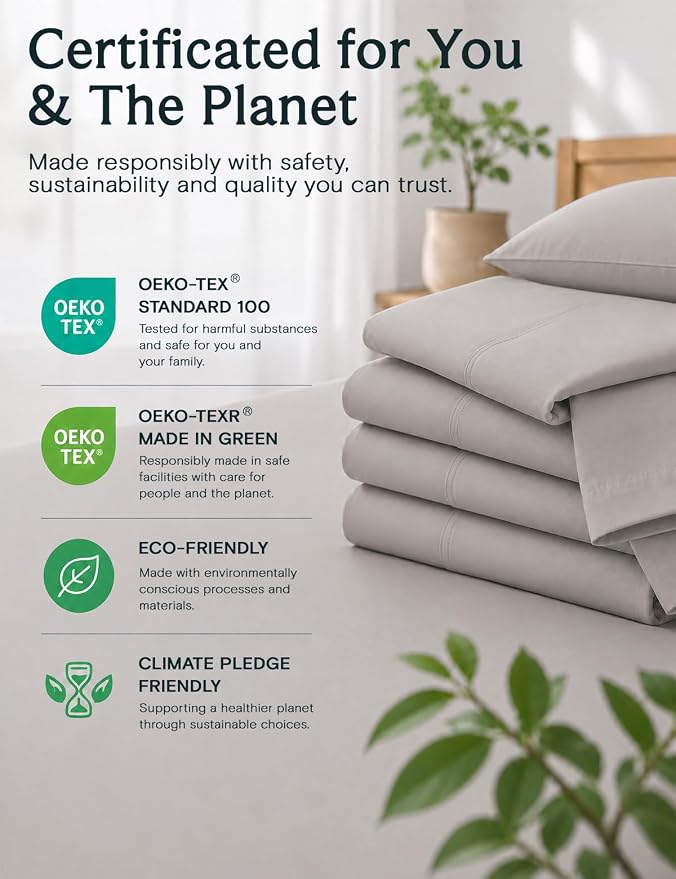 LuxClub 4 PC Queen Sheet Set, Deep Pockets Wrinkle Free Cooling Bed Sheets Hotel Bedding for Women, Men, Includes 1 Fitted Sheet, 1 Flat Sheet and 2 Pillowcases-Soft Light Taupe | LuxClub Silky Fitted Sheet & Pillowcase Sets, Breathable Hotel Luxury Be...