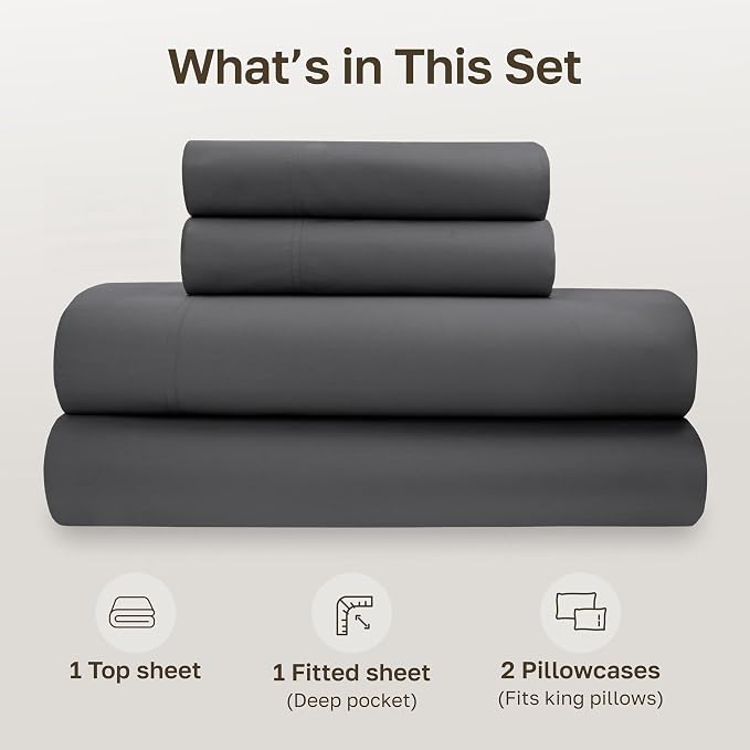 California Design Den 100% Organic Cotton Deep Pocket King Sheet Set, Grey | GOTS Certified, Lightweight Crisp & Airy Percale For Hot Sleepers, 15" Deep Pocket, All-around Elastic, Easy Care