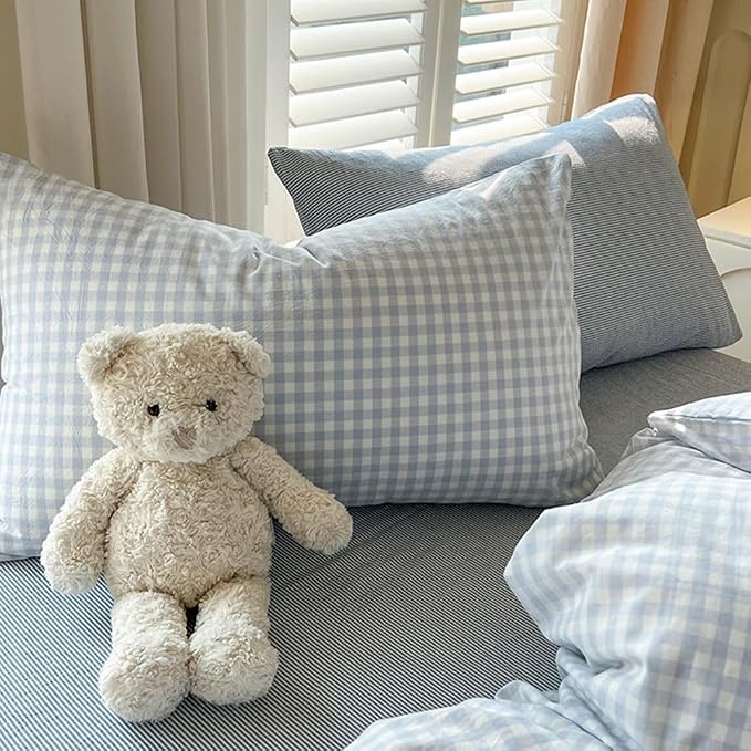 Nayoroom Gingham Duvet Cover Set Oversized King Blue White Plaid Bedding | Soft Breathable Washed Microfiber, All-Season Comfort, Hidden Zipper, 4 Corner Ties, Modern Farmhouse Coastal, Dorm Bedding