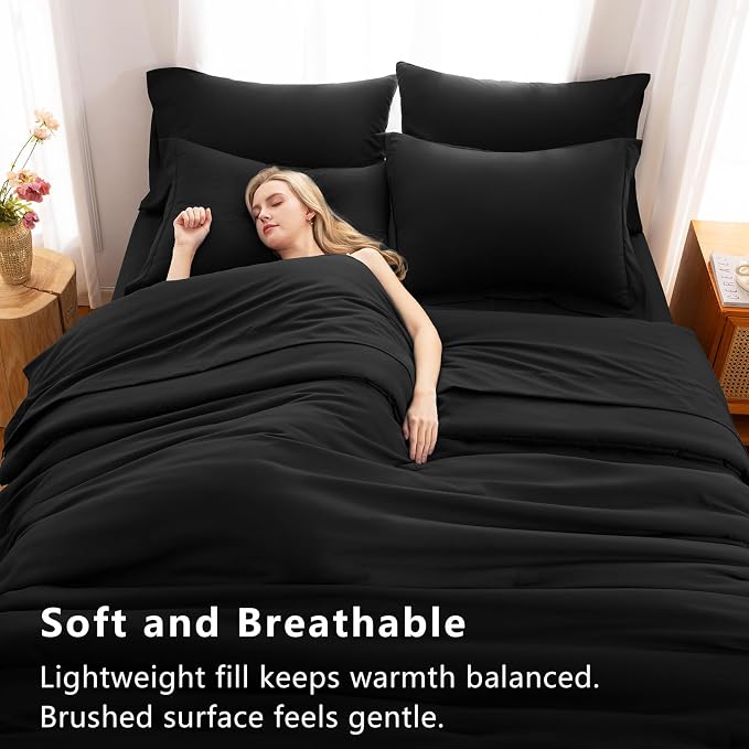 King Size Comforter Set Black, 7 Pieces Bed in a Bag | OEKO-TEX Certified, All-Season, Bedroom, 240GSM Down Alternative Comforter, Flat & Fitted Sheets, 2 Pillowcases & 2 Shams