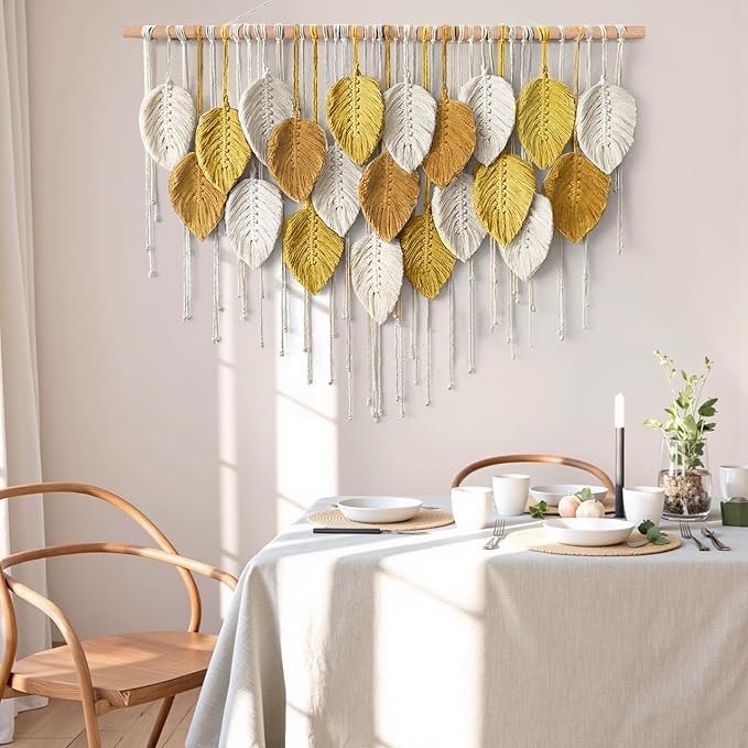 Large Macrame Wall Hanging Boho Woven Tapestry Bohemian Farmhouse Wall Art | KHOYIME Handmade Yellow Leaf Feather Chic Modern Home Decoration for Living Room Bedroom Nursery Dorm Backdrop 39"W X 29.5"L