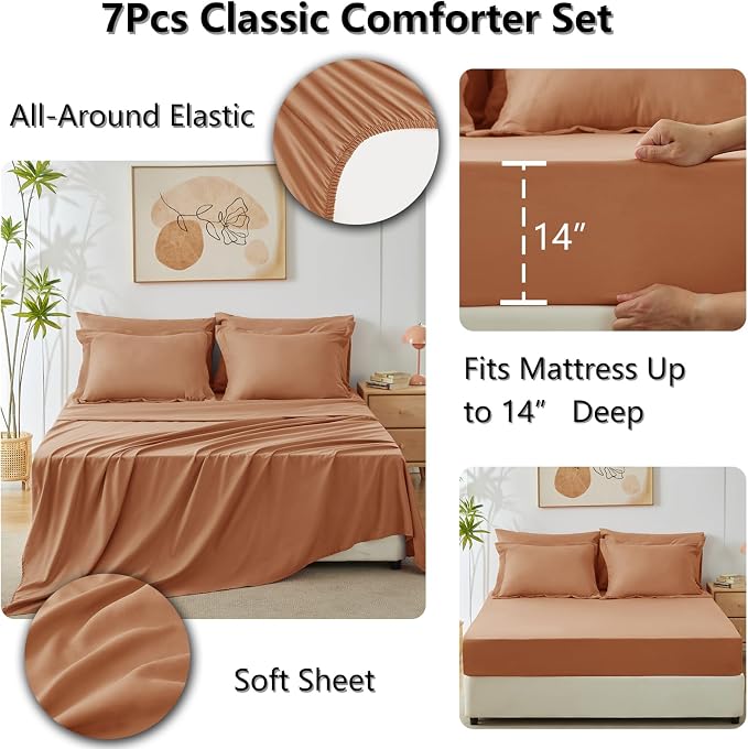 King Size Comforter Set Pumpkin - 7 Pieces Complete Bedding Set | OEKO-TEX Certified, All Season, 240GSM Down-Alternative Comforter, Sheets, Pillowcases & Shams, 14" Deep Pocket, Easy Care