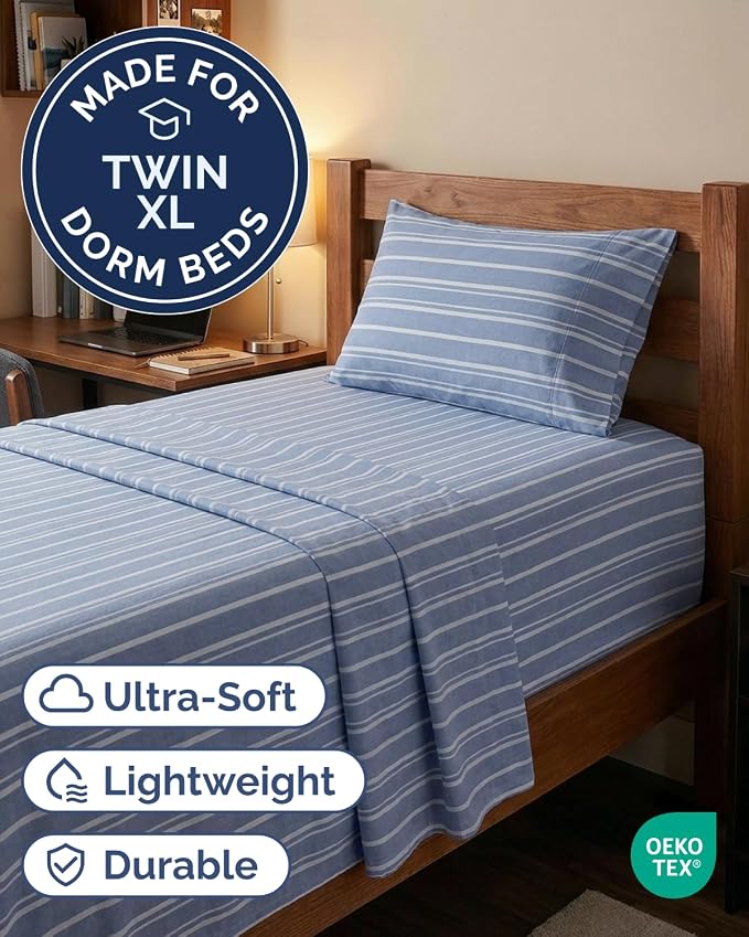 Extra Deep Twin XL Sheet Set - 3 Piece College Dorm Room - Blue Stripes | Soft, Breathable & Cooling, Easily Fits 18 to 24 inch Mattress, Wrinkle Free & Fade Resistant with Extra Deep Pockets