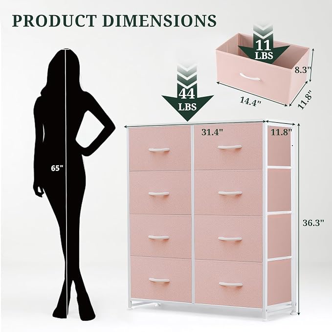 8-Drawer Dresser for Bedroom, Anti-Tip Tall Storage Organizer | Chest of Drawers with Wooden Top and Metal Frame Fabric Bins for Closet, Living Room, Hallway, Entryway, Pink
