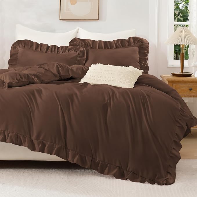 Andency Brown Ruffle Duvet Cover King, Shabby Chic Farmhouse Bedding Set | 3 Pieces Soft Washed Polyester Vintage Ruffled Comforter Cover Set with Zipper Closure & Corner Ties, 104x90Inch