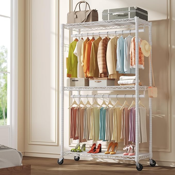 OLIXIS Clothes Rack Heavy Duty Adjustable Garment Clothing Rack with Wheels, Rolling Metal Freestanding Closet Organizer for Hanging Clothes with 2 Side Hooks, Double Rods, 47"x17"x80", White