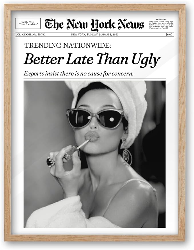 iHery 12x16in Audrey Hepburn Better Late Than Ugly Framed Bathroom Art | Natural OAK Wood Frame with Canvas Print, Vintage Fashion Wall Decor for Bathroom, Bedroom, Apartment and Girl Dorm, 1Pack
