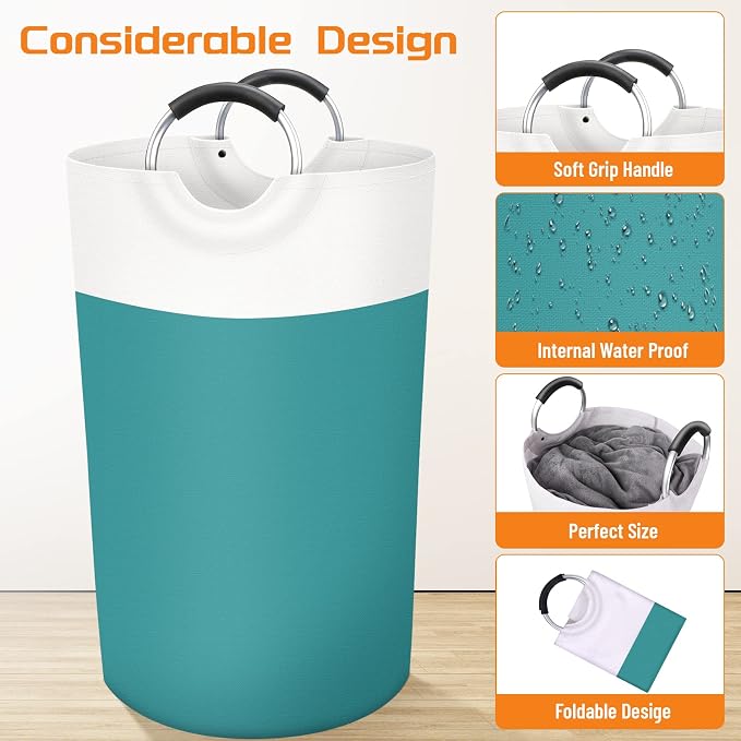 BlissTotes 90L Laundry Basket, Freestanding Collapsible Hamper, Green | Collapsible Dirty Clothes Hamper, Foldable Laundry Bag for Dorm, Waterproof Fabric, Padded Aluminum Handles