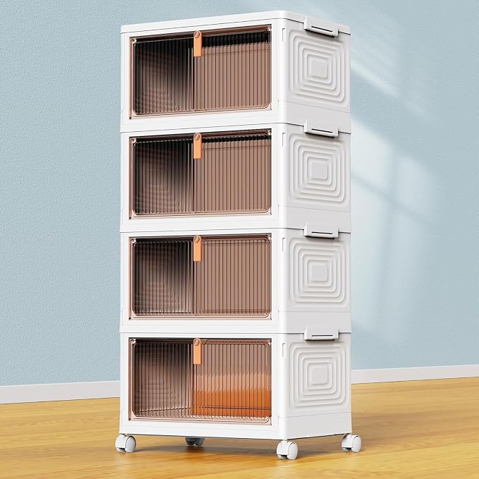 YFXCVSL 4 Tier Plastic Storage Bins with Lid 23QT, Stackable Storage Bins | Plastic Storage Bins with Wheels, Folding Storage Boxes, Organizers and Storage for Living Room,Office,Dorm