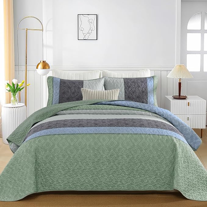 Cottolester Boho Full Quilt Set,Grey Green Striped Plaid Bedspread Coverlet | Lightweight Summer Coverlets Set with 2 PillowShams,All Seasons Microfiber Quilt Bedding Sets for Bedroom Guest Room 78"x90"