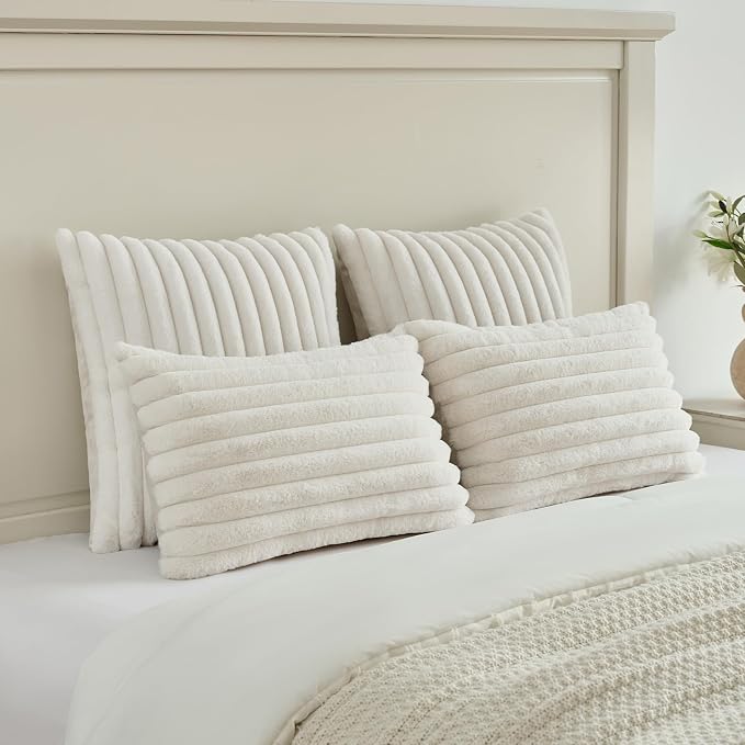 FUTEI Pack of 2 Faux Fur Throw Pillow Covers 26x26 Inch, Cream White | Fluffy Faux Rabbit Fur Front/Premium Velvet Back,Hidden Zipper,Machine Washable,Non-Shedding,Colorfast,Insert Not Included.