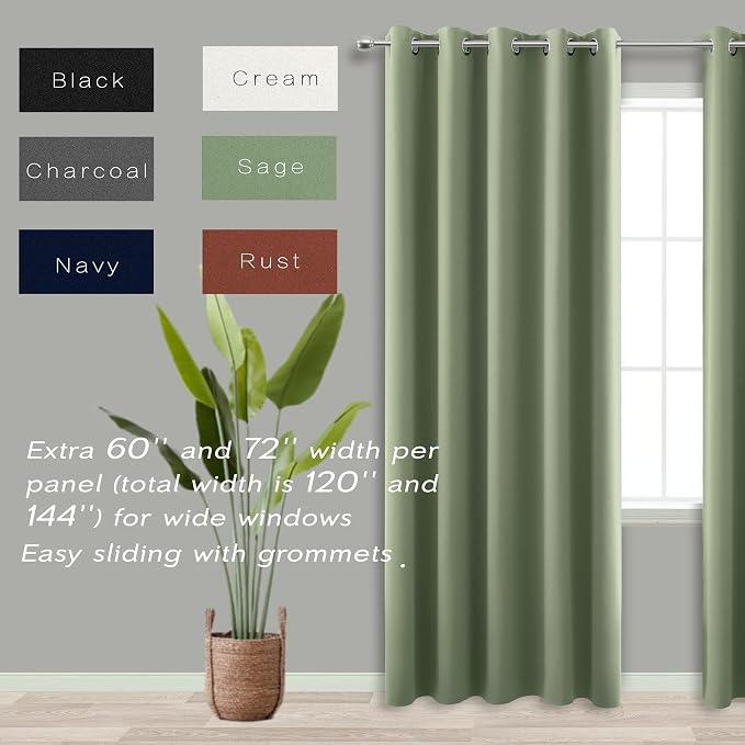 KOUFALL Sage Green Blackout Curtains 72 inches Wide for Bedrdom,Room Darkening Boho Large Window Treatments Extra Wide Curtains for Living Room 70 72x84 in Long 2 Panels Set