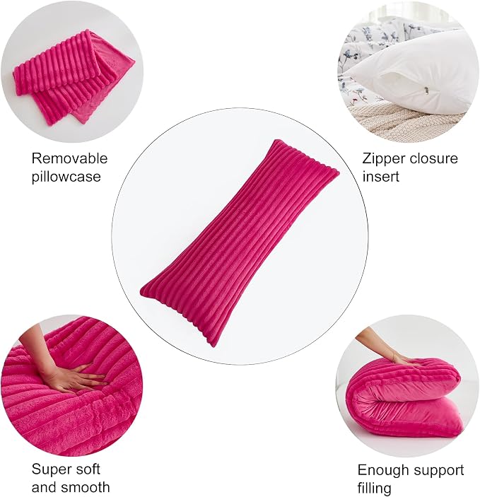 Full Body Pillow with Fluffy Stripe Faux Fur Removable Cover, Long Bed Pillow Adult 20x54 Inches for Side Sleeper and Pregnancy, Hot Pink.
