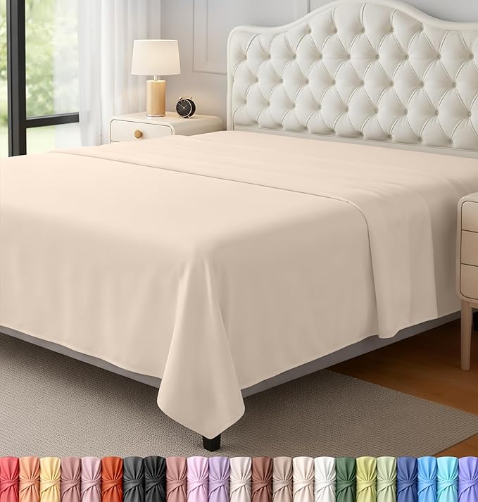 Queen Size Flat Sheet Only, Ultra Soft & Breathable Hotel Sheets, Beige | Hotel Bedding, Cooling Comfort, Smooth Feel, Wrinkle & Fade Resistant, Easy Care, Long-Lasting, Machine Washable, OEKO-TEX
