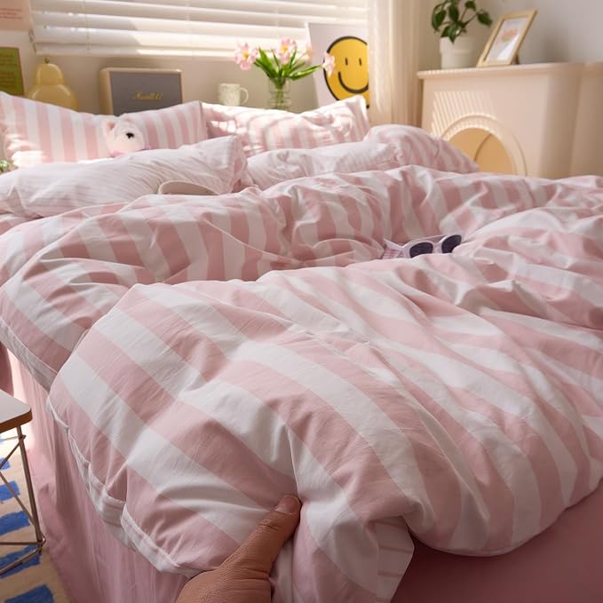 LifeTB Peach Pink Striped Comforter Set Full, 3 Piece Vintage Stripes Pattern Printed Bedding Set, Breathable Soft Farmhouse Striped Bedding Comforter Full Size, Cozy Lightweight Pink Comforter Set