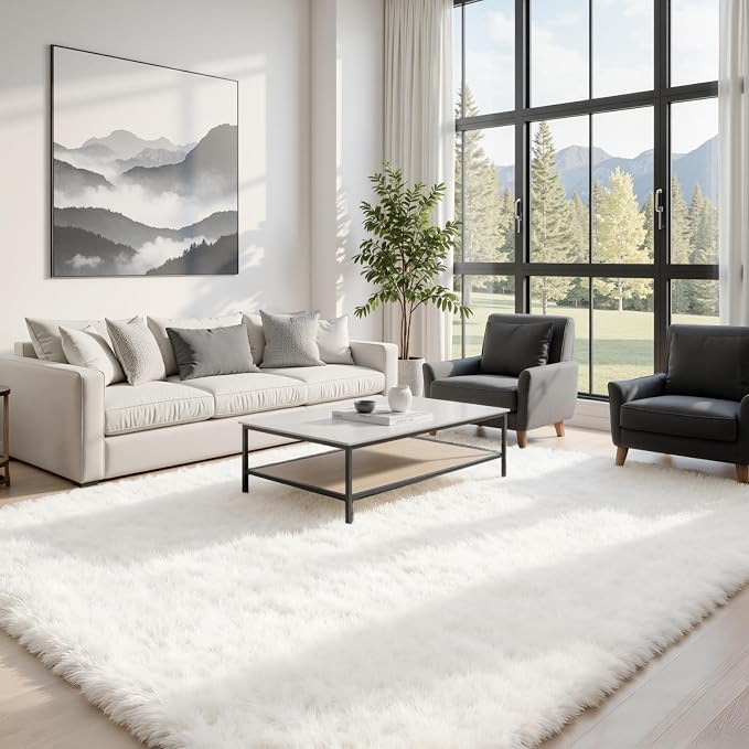 5x7 Fluffy Shag Area Rugs for Living Room Bedroom: Soft Plush Carpet White | Upgraded Non-Slip Thick Memory Foam, Ultra Soft, Non-Shedding Fuzzy Carpet, Easy Clean Decor for Kids Room, Nursery, Playroom