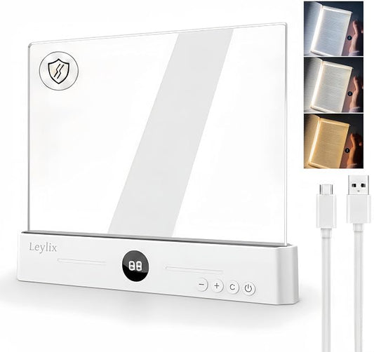 LED Flat Book Light for Reading at Night in Bed, White | Eye-Caring Page Illuminator, 3 Color Temperatures Stepless Dimmable Usb Rechargeable, Portable Flat Panel Lamp with Soft