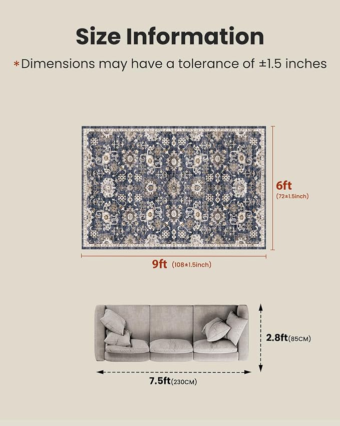 AMADA HOMEFURNISHING 6x9 Area Rugs, Blue Low-Profile Washable Rug with Non-Slip Backing & Durable Edge Binding, Vintage Rugs for Living Room, Bedroom, Dining Room