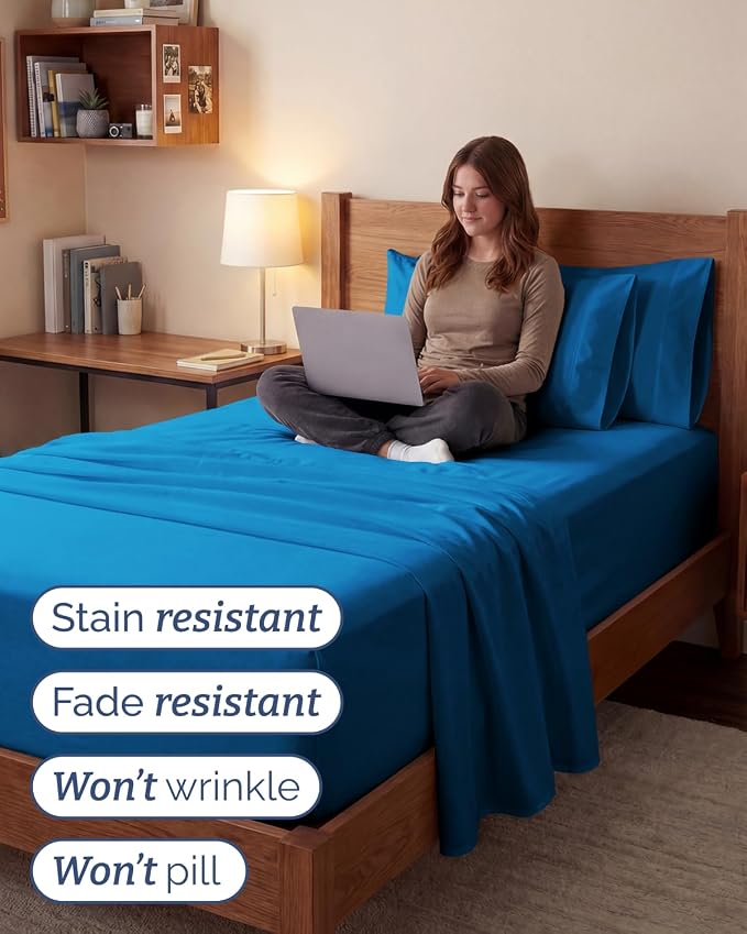 Extra Deep Twin XL Sheet Set - 4 Piece College Dorm Room - Royal Blue | College Dorm Room Essentials, Easy & Secure Fit, Ultra-Soft, Wrinkle & Fade Free, Comfy Sheets Set with Extra Deep Pockets