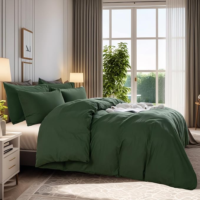 NEXHOME PRO Duvet Cover Set King Size Linen Feel Textured Organic Natural 100% Washed Cotton Duvet Cover 3 Pieces Bedding Set with Zipper Closure, Breathable, Forest Green (No Comforter)