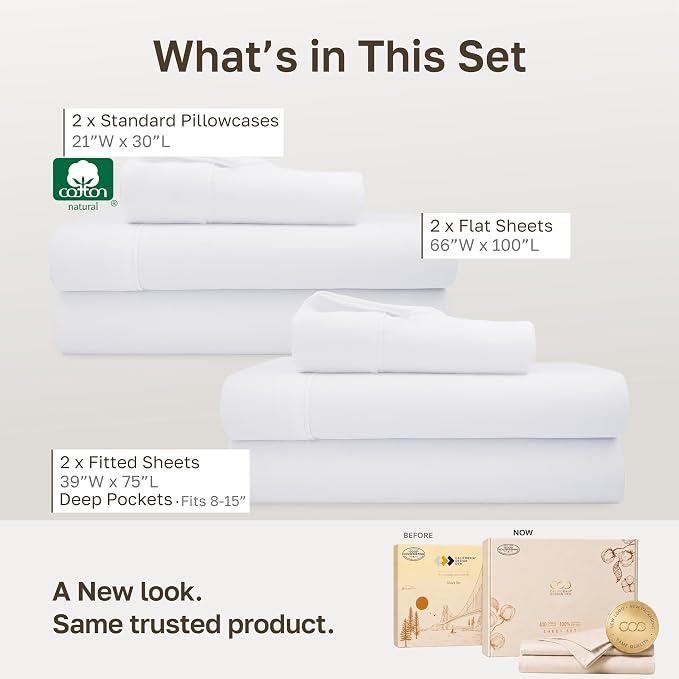 California Design Den 2-Pack Soft 100% Cotton Sateen Twin Sheets Set, White | 400 Thread Count Backed by Good Housekeeping Seal, All-Around Elastic, Durable, Easy Care, OEKO-TEX certified