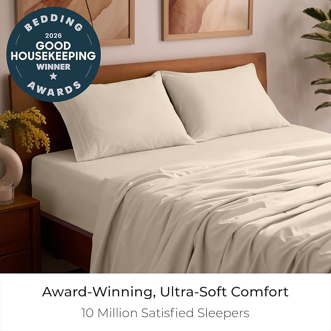 Mellanni Queen Sheets Set - 4 PC Iconic Collection Bedding | Hotel Luxury, Extra Soft, Cooling Bed Sheets - Wrinkle, Fade, Stain Resistant (Queen, Beige)