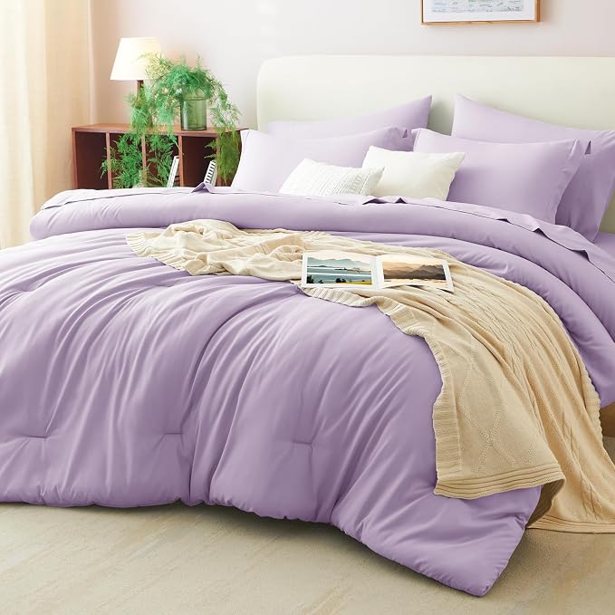 Queen Comforter Set Lavender, 7 Pieces Bed in a Bag | OEKO-TEX Certified, All-Season, Bedroom, 240GSM Down Alternative Comforter, Flat & Fitted Sheets, 2 Pillowcases & 2 Shams