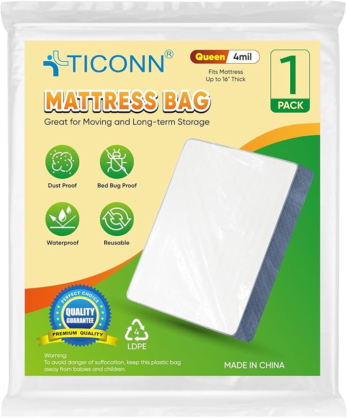 TICONN 1PK Plastic Mattress Bags for Moving, Waterproof Mattress Cover | 3D Gusset Design, Tear Resistant & Dust Protection, Multiple Sizes /Thickness Options, Reusable Mattress Protector