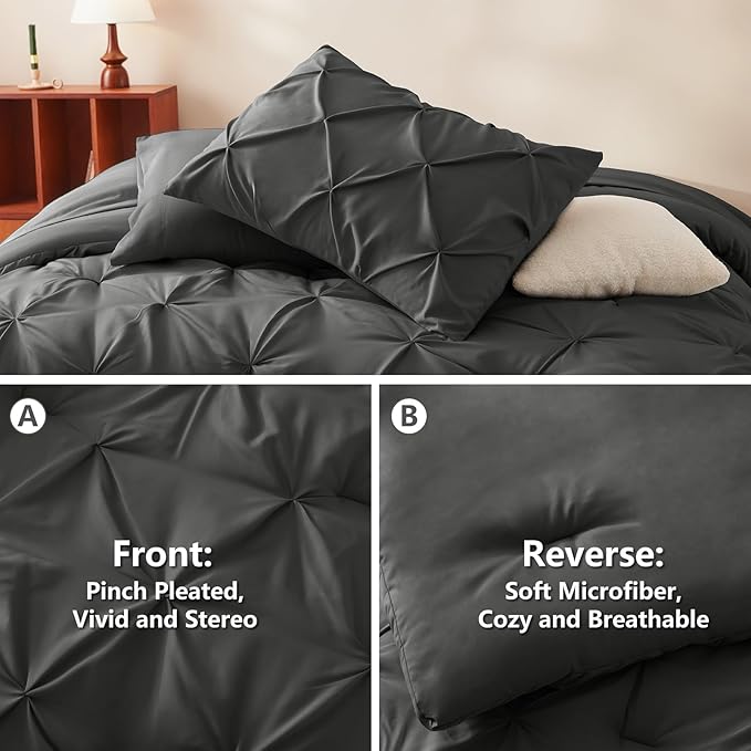 Twin XL Comforter Set Dark Grey, 5 Pieces Pintuck Bed in a Bag | College Dorm Essentials, OEKO-TEX 100 Certified, 240GSM All Season, Down-Alternative Comforter, Sheets, Pillowcase & Sham