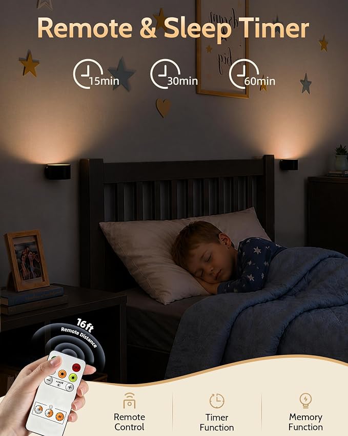 LED Wall Mounted Lights, Rechargeable Wall Sconces, 3 Color Temps, Remote & Touch, 360° Rotating and Dimmable for Bedroom, Bedside & Reading (Black, 3 Pack)