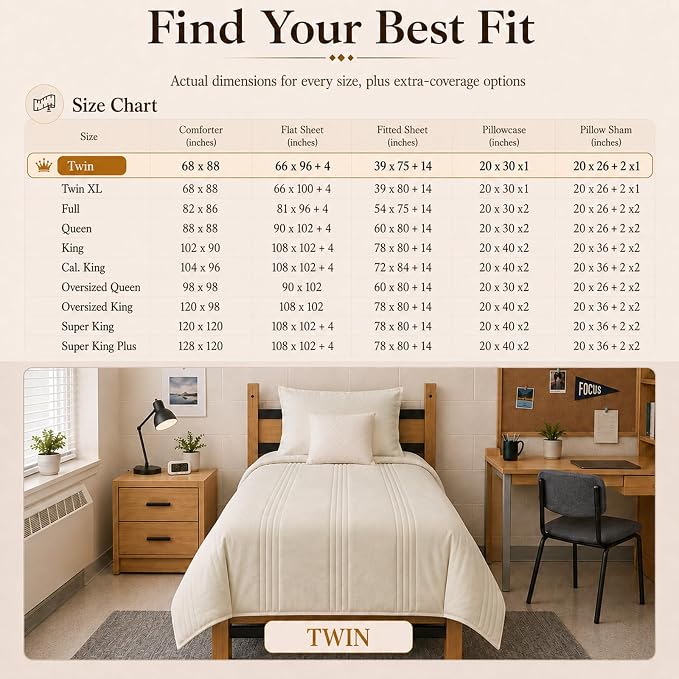 Twin Comforter Set Beige - 5 Pieces Complete Bedding Set | College Dorm Essentials, OEKO-TEX Certified, 240GSM Down-Alternative Comforter, 14" Deep-Pocket Sheets, Sham & Pillowcase