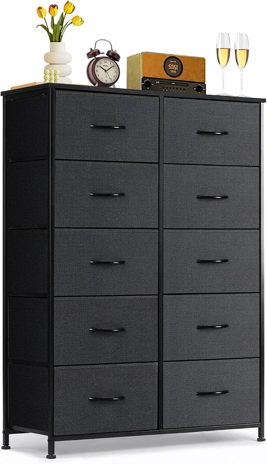 10-Drawer Dresser for Bedroom, Anti-Tip Tall Storage Organizer | Chest of Drawers with Wooden Top and Metal Frame Fabric Bins for Closet, Living Room, Hallway, Entryway, Black
