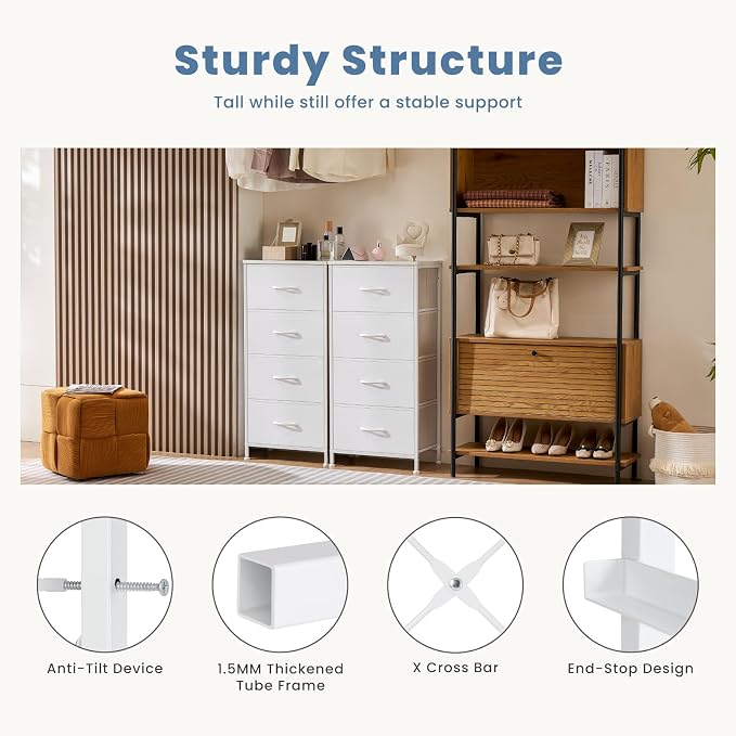 DUMOS Nightstand, Bedside Table with 4 Fabric Drawers | Night Stand with Removable Bins, Steel Frame Wood Top, Organizer Furniture for Bedroom Closet, Living Room, Chalky