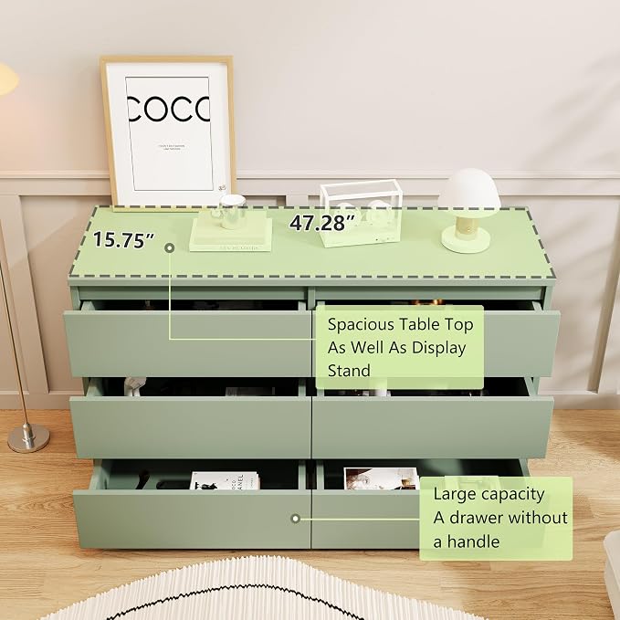 Vibe & Dine 6 Drawer Double Dresser, Modern Chest of Drawers with Wide Storage for Closet, Bedroom, Living Room (Light Green)