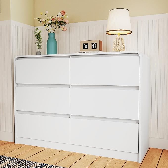Vibe & Dine White 6 Drawer Dresser for Bedroom, Modern Wooden Dressers & Chests of Drawers with Arc Edge Design, 47" Wide Dresser for Closet, Living Room, Entryway