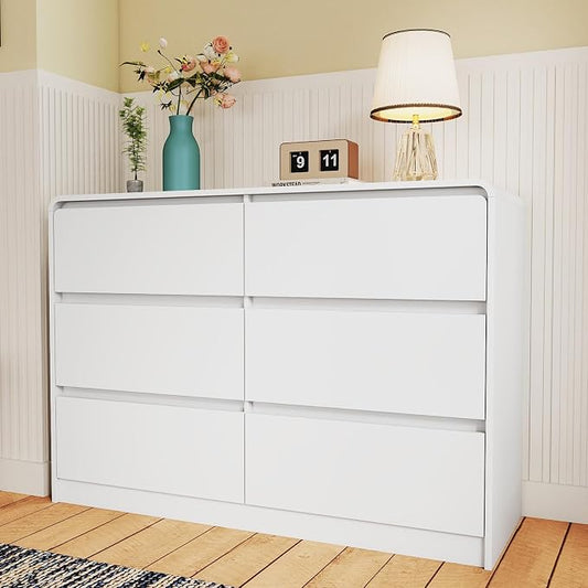 Vibe & Dine White 6 Drawer Dresser for Bedroom, Modern Wooden Dressers & Chests of Drawers with Arc Edge Design, 47" Wide Dresser for Closet, Living Room, Entryway