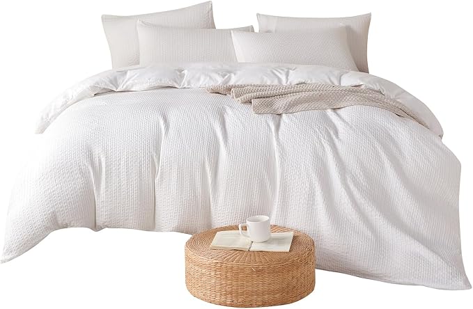 Comforter Set King Striped White - Luxury Soft Washed Microfiber Jacquard 3 Pieces Bedding Set for All-Season with 2 Pillowcases, Breathable Durable Comfy (White Striped)