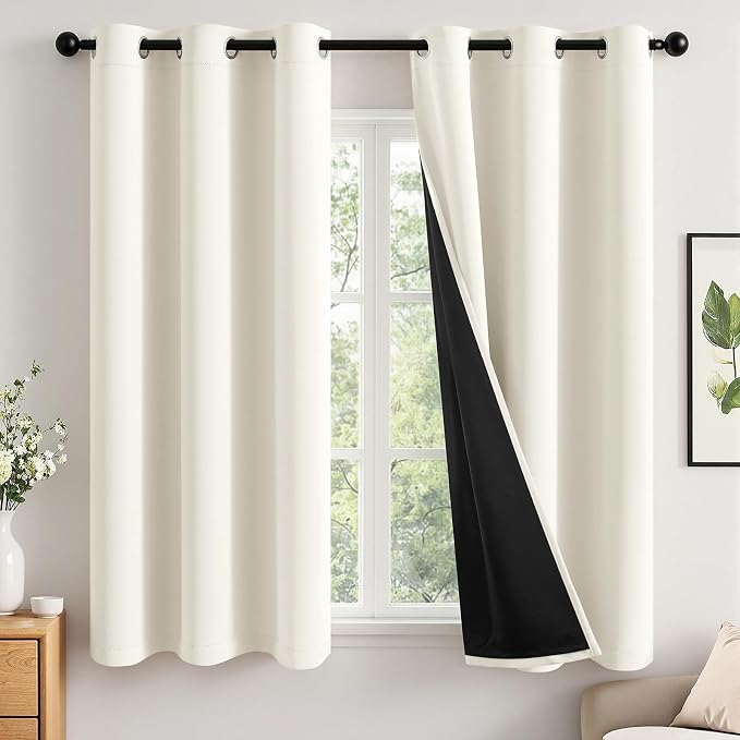 MIULEE Beige White 100% Blackout Curtains for Bedroom 40x63 Inch Long | 2 Thick Layers Thermal Insulated Window Curtains with Black Liner, Noise Reducing Grommet, Drapes for Living Room, 2 Panels