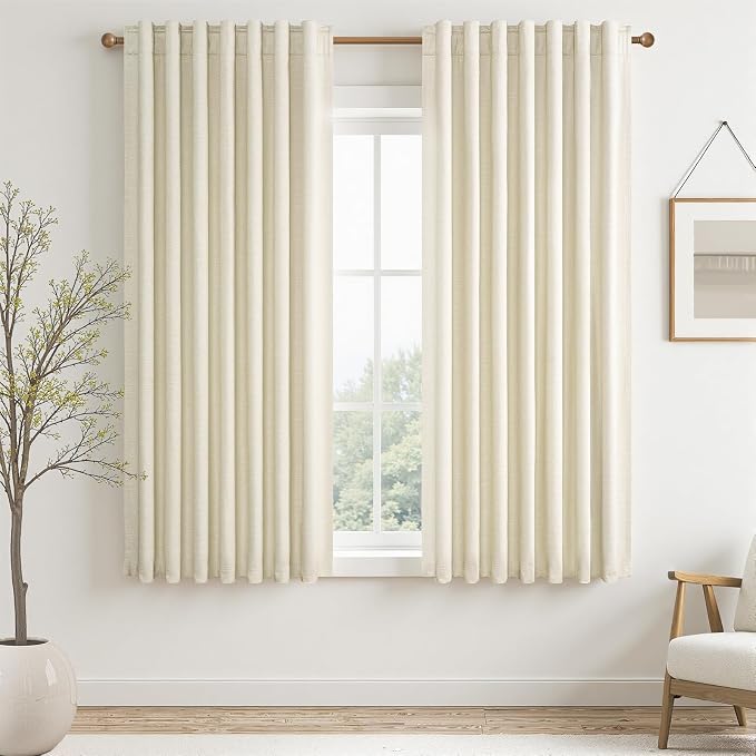 Topfinel Cream White Linen Blackout Curtains 63 Inches Long 2 Panels for Small Window Natural Cream Boho Farmhouse Linen Blend Texture Insulated Hook Belt Back Tab Pocket Pleated Drapes (W52 x L63)