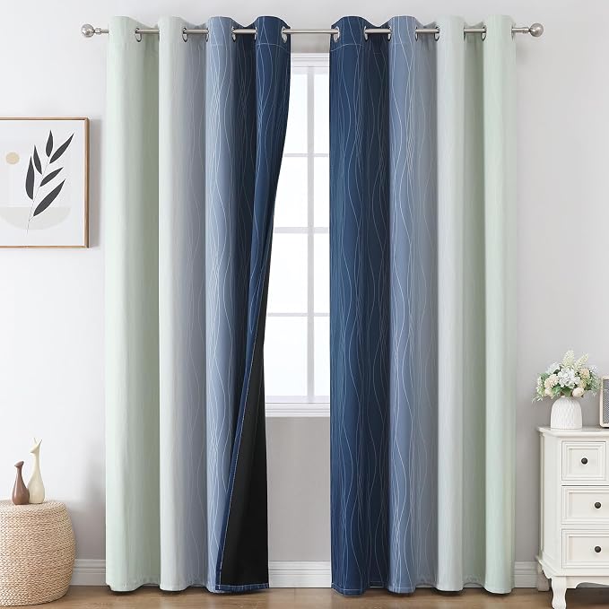 Sage Green and Navy Blue Ombre Blackout Curtains for Living Room 90 Inch | Estelar Textiler Thermal Insulated Drapes for Bedroom,Full Room Darkening Gradient Grommet Window Drapes,52Wx90L,2 Panels
