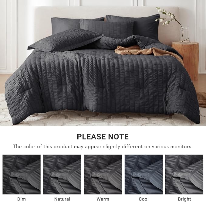 7 Pieces California King Comforter Set, Seersucker Bed in a Bag Cal King Size, All Season Luxury Bedding Set with Comforter, Flat Sheet, Fitted Sheet, Pillowcases & Shams, Dark Grey