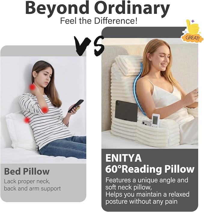 ENITYA 19" Large Back Pillow for Bed Sitting Up with Armrests & Big Pockets | Reading Pillow for Sitting in Bed Adult, Back Support Wedge for Reading/Resting/Post Surgery/Watching TV/Gaming,Ivory