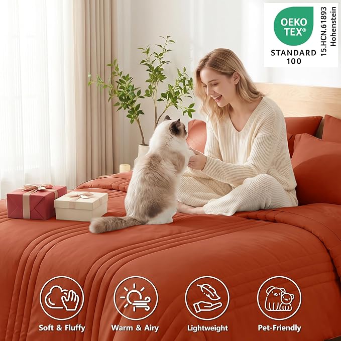 Queen Comforter Set Burnt Orange - 7 Pieces Bed in a Bag | OEKO-TEX Certified, 240GSM Down-Alternative Comforter, 14" Deep-Pocket Sheets, Shams & Pillowcases, Lightweight