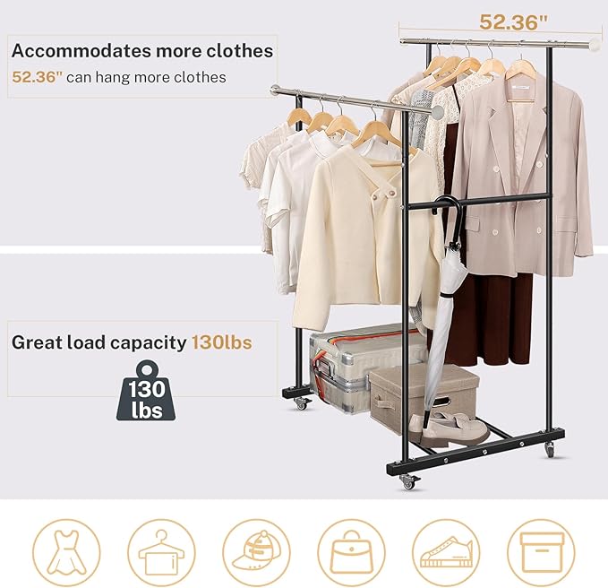 VICERII Clothes Rack, Double Clothing Rack with Wheels and Extra Wide Bottom Shelf, 52.36’’ Heavy Duty Garment Racks for Hanging Clothes, Coats, Shirts, Skirts, Dresses, 130LB Capacity, Black