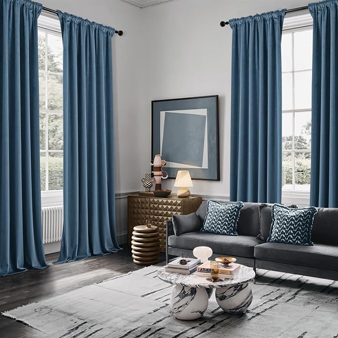 MIULEE Velvet Curtains 50W x 90L 2 Panels Stone Blue Blackout Curtains | Luxury velvet fabric, pinch pleat design, back tab hooks, thermal insulated, blackout light blocking, for living room bedroom
